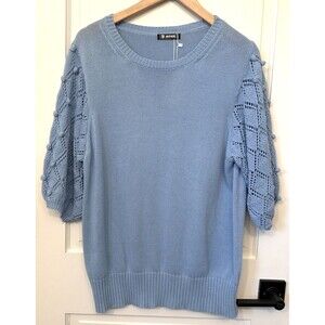 NWT Cottagecore Women Diamond Lattice Bobble Crochet Short Sleeve Blue Sweater L